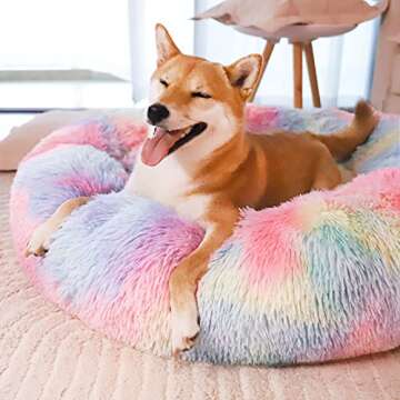 Patas Lague Calming Dog Bed for Small Dogs, Fluffy Soft Cozy Cat Bed, Faux Fur Anti-Anxiety Plush Washable Pet Donut Cuddler for All Seasons 20IN, Mixed Rainbow