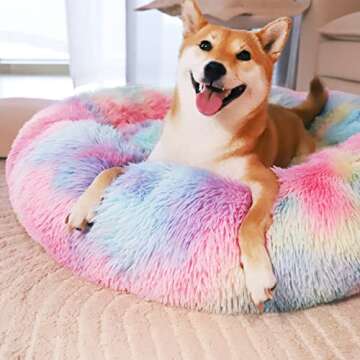 Patas Lague Calming Dog Bed for Small Dogs, Fluffy Soft Cozy Cat Bed, Faux Fur Anti-Anxiety Plush Washable Pet Donut Cuddler for All Seasons 20IN, Mixed Rainbow