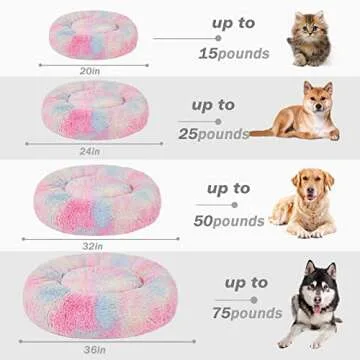 Patas Lague Calming Dog Bed for Small Dogs, Fluffy Soft Cozy Cat Bed, Faux Fur Anti-Anxiety Plush Washable Pet Donut Cuddler for All Seasons 20IN, Mixed Rainbow