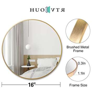 HUOVTR Round Mirror, Circle Mirror 16 Inch, Gold Round Wall Mirror Suitable for Bedroom, Vanity, Living Room, Bathroom, Entryway Wall Decor and More, Brushed Aluminum Frame Circle Mirrors for Wall