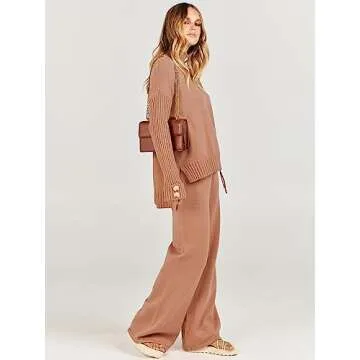 ANRABESS Women's 2 Piece Outfit Sweater Lounge Sets Long Sleeve Knit Pullover Wide Leg Pant Tracksuit Loungewear 2024 Fashion Small