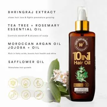 WOW Skin Science 10 in 1 Nourishing Hair Oil - Treats Dry, Damaged Hair and Promotes Growth - With Argan and Rosemary Oil for Women and Men (6.76 Fl Oz)