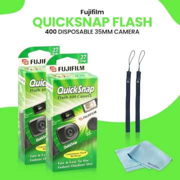 Fujifilm QuickSnap Flash 400 Disposable 35mm Camera • 2 Pack • 2 Hand Straps • BluebirdSales Microfiber Cleaning Cloth