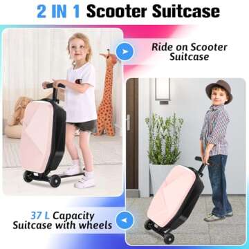 Scooter Luggage For Kids & Adults， Hardside Ride On Suitcase For Kids Ages 4-15 Multifunctional Li...