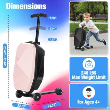Scooter Luggage For Kids & Adults， Hardside Ride On Suitcase For Kids Ages 4-15 Multifunctional Lightweight Foldable Carry On Luggage With Wheels Ride On For Children Teenagers (Light Pink, 20")
