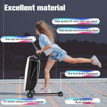 Scooter Luggage For Kids & Adults， Hardside Ride On Suitcase For Kids Ages 4-15 Multifunctional Lightweight Foldable Carry On Luggage With Wheels Ride On For Children Teenagers (Light Pink, 20")