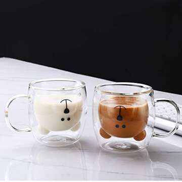 Amyhome Cute Mugs Bear Coffee Cup Double Wall Insulated Glass, Espresso Cup, Milk Cup, Tea Cup, Valentine's Day Christmas Birthday Gifts for Children and Adults