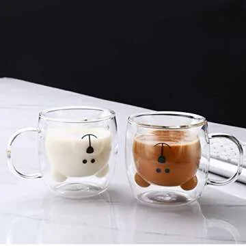 Amyhome Cute Mugs Bear Coffee Cup Double Wall Insulated Glass, Espresso Cup, Milk Cup, Tea Cup, Valentine's Day Christmas Birthday Gifts for Children and Adults