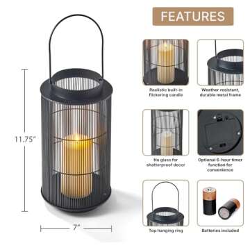 LampLust Outdoor Lantern Decorative Outdoor Patio Decor, 12 Inch Candle Lantern, Black Metal, Outdoor Lanterns for Patio Waterproof, Battery Included, Modern Farmhouse Front Porch Decor