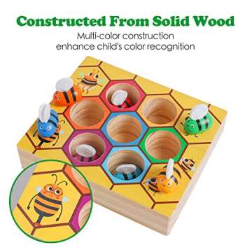 Toddler Fine Motor Skill Toy, Clamp Bee to Hive Matching Game, Montessori Wooden Bee Hive Toys, Wood Color Sorting Puzzle Early Learning Preschool Educational Gift for 2 3 4 Years Old Kids
