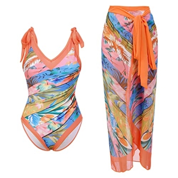 Women's One Piece Swimsuit with Cover up Beach Skirt Retro Floral Printed Swimsuit Bathing Suit Ruff...