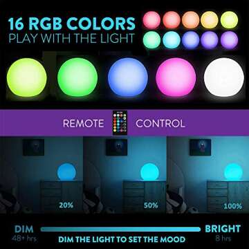 Mr.Go 8-inch Ultra-Fun LED Glowing Ball Light w/Remote, RGB Color Changing Globe Mood Lamp, 16 Colors 8 Brightness 4 Lighting Modes, Waterproof, Rechargeable & AC Adapter Power, Stunning Light Orb
