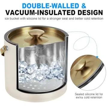 3.2L Modern Insulated Ice Bucket with Silicone Lid, Scoop, Strainer, Double Wall Stainless Steel Ice...
