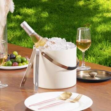 3.2L Modern Insulated Ice Bucket with Silicone Lid, Scoop, Strainer, Double Wall Stainless Steel Ice Bucket for Parties & Cocktail Bar,Ideal for Gift (Beige)