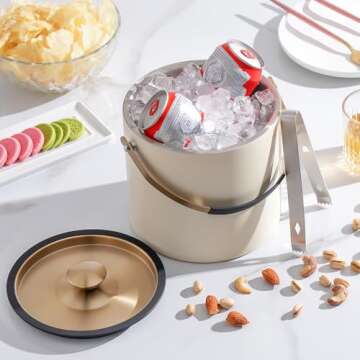 3.2L Modern Insulated Ice Bucket with Silicone Lid, Scoop, Strainer, Double Wall Stainless Steel Ice Bucket for Parties & Cocktail Bar,Ideal for Gift (Beige)