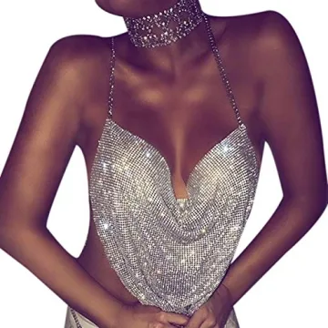 RARITYUS Women Sexy Shiny Rhinestone Tank Top Deep V Neck Chain Crop Top Shirt for Night Club Party ...