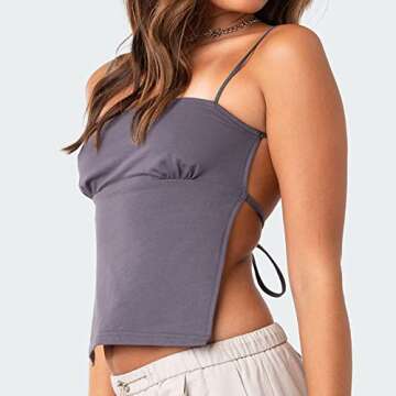 Women Y2K Spaghetti Straps Backless Top Solid Color Tie Up Camisole Top Going Out Tops 2000s Streetwear Grey S
