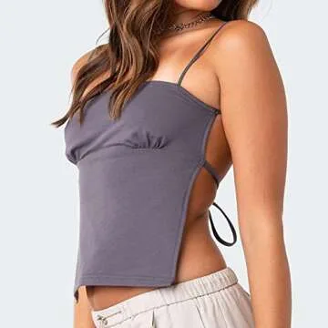 Women Y2K Spaghetti Straps Backless Top Solid Color Tie Up Camisole Top Going Out Tops 2000s Streetwear Grey S
