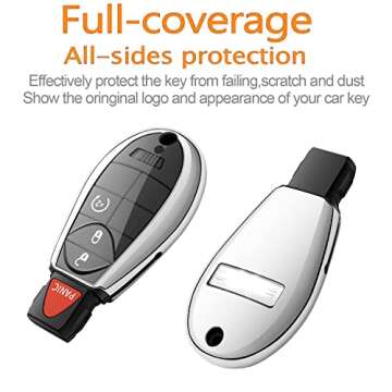 Houking for Dodge Key fob Cover,Soft Protector Case Key Shell with Leather Keychain,Fit for Grand Caravan Charger Challenger Durango Journey Magnum Ram Remote Key,Key Case Silver