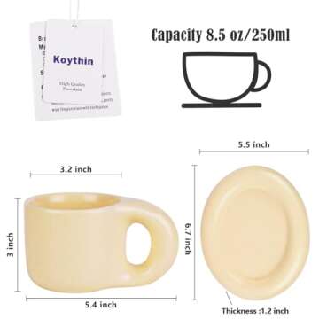 Koythin Ceramic Coffee Chubby Mug Saucer Set, Creative Cute Fat Handle Cup with Saucer for Office and Home, Dishwasher and Microwave Safe, 10 oz for Latte Tea Milk (Milky Apricot)