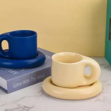 Koythin Ceramic Coffee Chubby Mug Saucer Set, Creative Cute Fat Handle Cup with Saucer for Office and Home, Dishwasher and Microwave Safe, 10 oz for Latte Tea Milk (Milky Apricot)