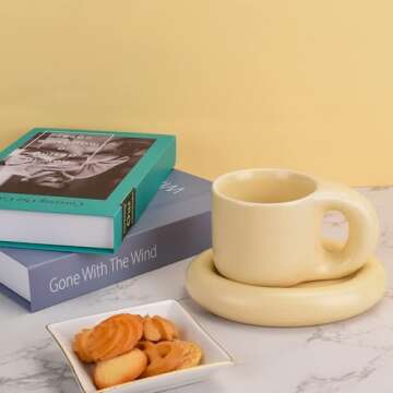 Koythin Ceramic Coffee Chubby Mug Saucer Set, Creative Cute Fat Handle Cup with Saucer for Office and Home, Dishwasher and Microwave Safe, 10 oz for Latte Tea Milk (Milky Apricot)