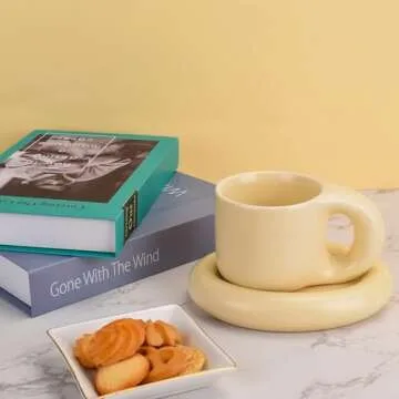 Koythin Ceramic Coffee Chubby Mug Saucer Set, Creative Cute Fat Handle Cup with Saucer for Office and Home, Dishwasher and Microwave Safe, 10 oz for Latte Tea Milk (Milky Apricot)