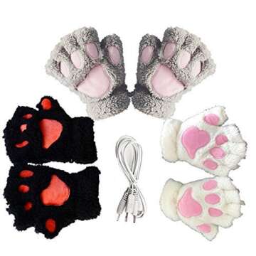 3 Pair DECVO Winter Powered Warmer Thicken Paw Fingerless USB Heated Gloves Plush Cold-Proof Knitted Half Finger Laptop Mittens USB Warm Gloves Women Teen Girls Best Winter Gift (Black+Gray+White)