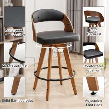 MEKLIBA Barstools Set of 2,Counter Height Bar Stools for Kitchen Island,26.8 Inch Modern Upholstered Bar Chair, Swivel Counter Stools with Wood Back and Bamboo Legs (Black-PU)