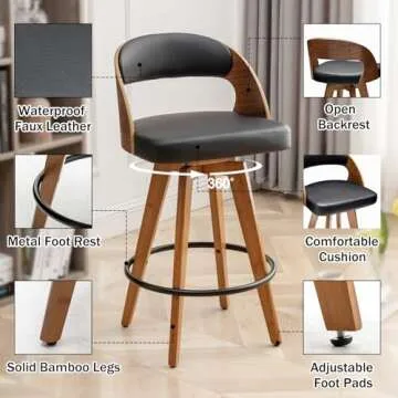 MEKLIBA Barstools Set of 2,Counter Height Bar Stools for Kitchen Island,26.8 Inch Modern Upholstered Bar Chair, Swivel Counter Stools with Wood Back and Bamboo Legs (Black-PU)