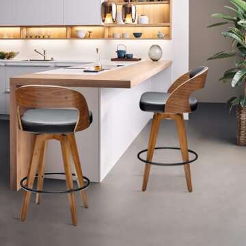 MEKLIBA Barstools Set of 2,Counter Height Bar Stools for Kitchen Island,26.8 Inch Modern Upholstered Bar Chair, Swivel Counter Stools with Wood Back and Bamboo Legs (Black-PU)