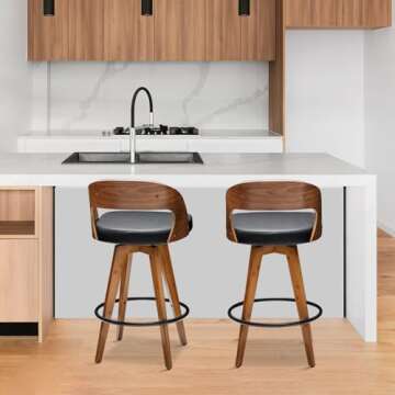 MEKLIBA Barstools Set of 2,Counter Height Bar Stools for Kitchen Island,26.8 Inch Modern Upholstered Bar Chair, Swivel Counter Stools with Wood Back and Bamboo Legs (Black-PU)