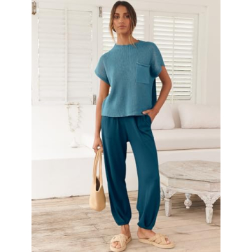 ANRABESS Women's Two Piece Outfits Knit Sweater Vest Crop Top Pants Lounge Matching Tracksuit Sweatsuit Travel Clothes Sets Blue Medium