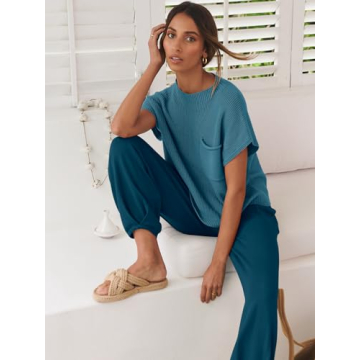 ANRABESS Women's Two Piece Outfits Knit Sweater Vest Crop Top Pants Lounge Matching Tracksuit Sweatsuit Travel Clothes Sets Blue Medium