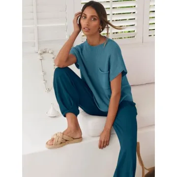 ANRABESS Women's Two Piece Outfits Knit Sweater Vest Crop Top Pants Lounge Matching Tracksuit Sweatsuit Travel Clothes Sets Blue Medium