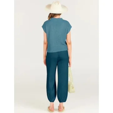 ANRABESS Women's Two Piece Outfits Knit Sweater Vest Crop Top Pants Lounge Matching Tracksuit Sweatsuit Travel Clothes Sets Blue Medium