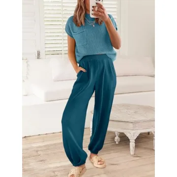 ANRABESS Women's Two Piece Outfits Knit Sweater Vest Crop Top Pants Lounge Matching Tracksuit Sweatsuit Travel Clothes Sets Blue Medium
