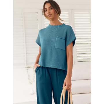 ANRABESS Women's Two Piece Outfits Knit Sweater Vest Crop Top Pants Lounge Matching Tracksuit Sweatsuit Travel Clothes Sets Blue Medium