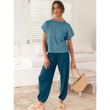 ANRABESS Women's Two Piece Outfits Knit Sweater Vest Crop Top Pants Lounge Matching Tracksuit Sweatsuit Travel Clothes Sets Blue Medium