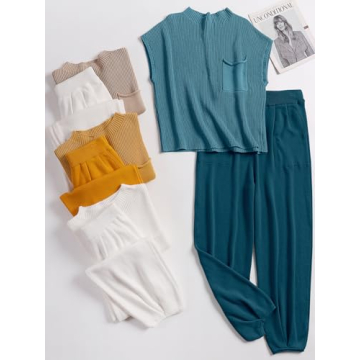 ANRABESS Women's Two Piece Outfits Knit Sweater Vest Crop Top Pants Lounge Matching Tracksuit Sweatsuit Travel Clothes Sets Blue Medium