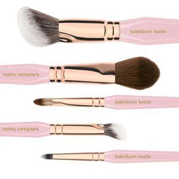 Bdellium Tools Pink Golden Triangle Face & Eyes Makeup Brush Set - Well-balanced Brush Set with Soft Synthetic Bristles and Rose Gold Brass Ferrule for a Variety of Looks (Pink, 5 pcs)