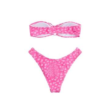 GORGLITTER Women's Ditsy Floral Swimsuits Strapless Bandeau High Waisted Thong Bikini Set Bathing Suit Pink Medium