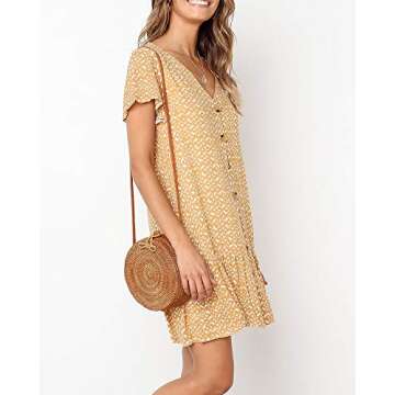 Chuanqi Womens Polka Dot V Neck Button Down Ruffles Casual Loose Swing Short Mini T-Shirt Dress