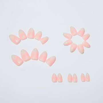 Foccna Pink Press on Nails Short, Luxury Fake Nails Amlond Acrylic False Bling Gradient Nails, Artificial Nails for Women and Girls,24pcs