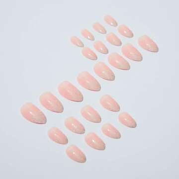 Foccna Pink Press on Nails Short, Luxury Fake Nails Amlond Acrylic False Bling Gradient Nails, Artificial Nails for Women and Girls,24pcs