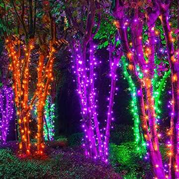 Dazzle Bright 2 Pack Total 400LED 132FT Halloween Solar String Outdoor Lights, 8 Modes Waterproof Halloween Lights for Bedroom Patio Garden Tree Party Yard Decoration (Purple & Orange)