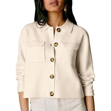 Senllen Women's Open Front Cropped Cardigan Long Sleeve Button Down Shackets Jacket Knit Patch-Pocket Merino Sweater Jacket White
