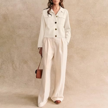 Senllen Women's Open Front Cropped Cardigan Long Sleeve Button Down Shackets Jacket Knit Patch-Pocket Merino Sweater Jacket White