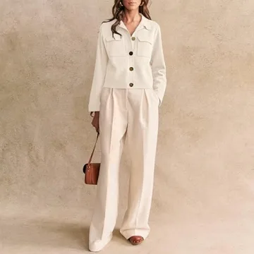 Senllen Women's Open Front Cropped Cardigan Long Sleeve Button Down Shackets Jacket Knit Patch-Pocket Merino Sweater Jacket White