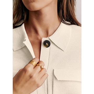 Senllen Women's Open Front Cropped Cardigan Long Sleeve Button Down Shackets Jacket Knit Patch-Pocket Merino Sweater Jacket White